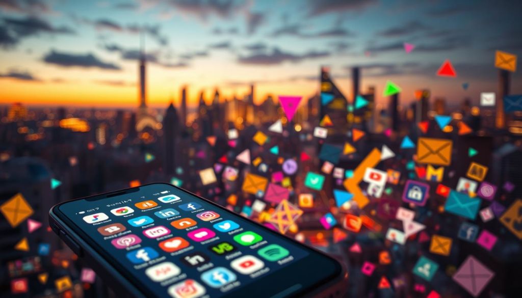 A vibrant social media landscape, bustling with a diverse array of digital platforms. In the foreground, a stylized smartphone screen displays an array of sleek app icons, reflecting the ubiquity of social media in modern life. In the middle ground, a flurry of colorful geometric shapes and abstract patterns swirl, symbolizing the interconnectedness and rapid flow of information across social networks. In the background, a softly lit cityscape with towering skyscrapers and a vibrant nighttime skyline, conveying the global reach and impact of social media. The overall mood is one of dynamism, connectivity, and the transformative power of digital communication channels. Captured with a wide-angle lens and warm, diffused lighting to create a sense of depth and immersion.