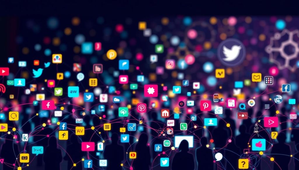 A vibrant social media landscape, with intricate connections and dynamic interactions. In the foreground, various social media platforms represented by distinct icons, symbols, and colors, intertwined in a harmonious yet complex web. The middle ground features silhouettes of people engaged in active communication, sharing ideas, and building relationships. In the background, a soft, blurred backdrop of technology-inspired shapes and patterns, suggesting the ever-evolving nature of digital communication. The overall scene is illuminated by a warm, ambient lighting, creating a sense of depth, balance, and visual harmony, reflecting the pivotal role of social media in modern life.