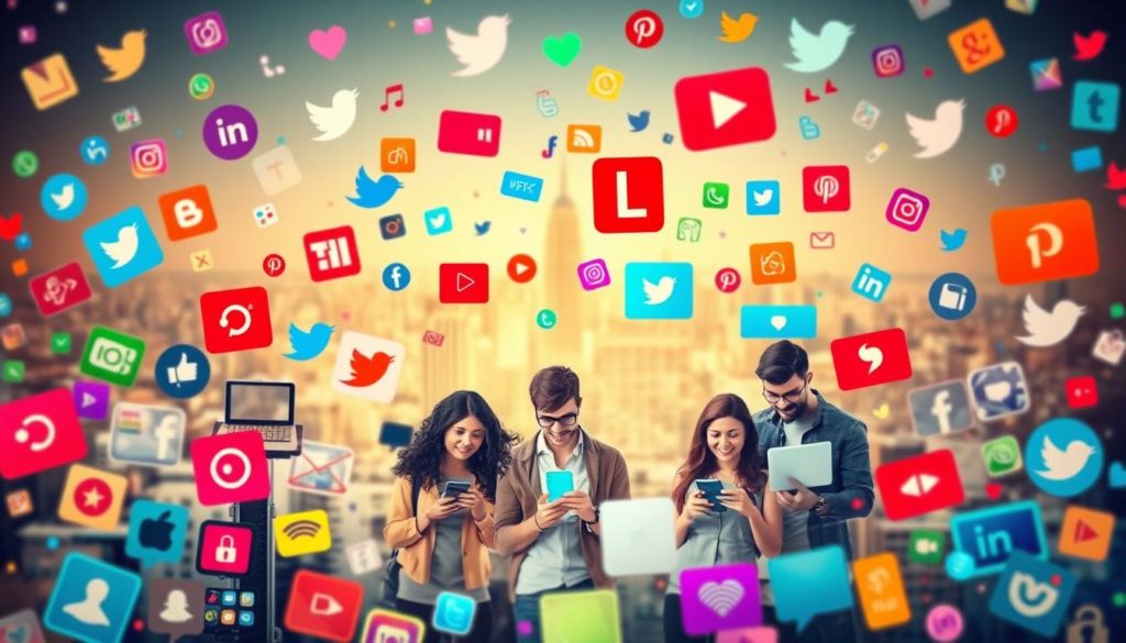 A vibrant social media landscape, with various digital platforms and devices in the foreground. Colorful icons, logos, and interface elements float amidst a dynamic, digital atmosphere. In the middle ground, a group of diverse users engage with their phones, tablets, and laptops, their expressions reflecting the communication and connectivity of modern digital life. The background is a soft, blurred cityscape, hinting at the global reach and impact of social media. The overall scene conveys a sense of energy, collaboration, and the integration of social media into our daily experiences.