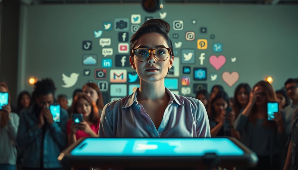 A vibrant social media marketing scene unfolds, with a stylish woman in the foreground capturing the attention of her engaged audience. The mid-ground features a collage of digital devices, reflecting the omnipresence of online platforms. In the background, a dynamic array of trending social media icons and symbols create a sense of connectivity and technological savvy. Soft, diffused lighting casts a warm, inviting glow, while a slightly low camera angle emphasizes the subject's confidence and influence. The overall composition conveys the power of social media as a transformative marketing tool for the beauty industry.