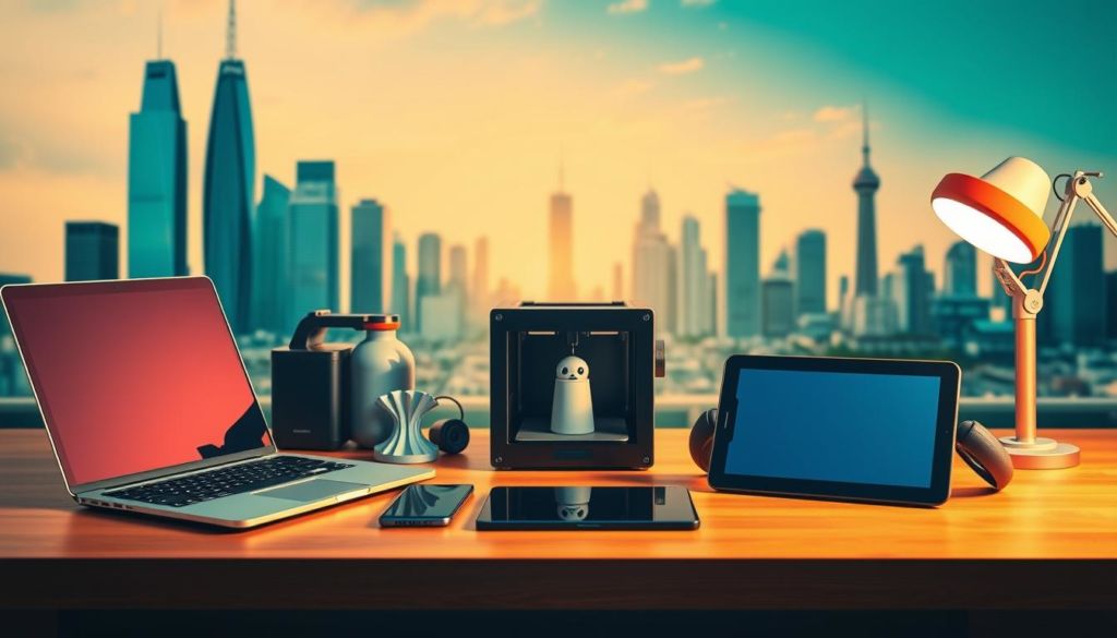 A vibrant still life composition showcasing a diverse array of cutting-edge marketing and technology tools. In the foreground, a sleek laptop, a smartphone, and a high-tech tablet are neatly arranged on a minimalist wooden desk, bathed in warm, directional lighting. In the middle ground, a compact 3D printer, a digital drawing tablet, and a virtual reality headset sit together, highlighting the convergence of design and innovation. The background features a stylized cityscape with towering skyscrapers, conveying the urban, fast-paced nature of modern business. The overall scene radiates a sense of productivity, efficiency, and the seamless integration of marketing strategies and technological advancements.