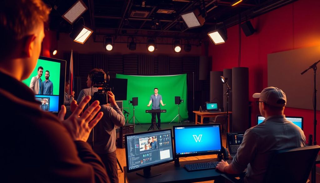 A vibrant studio setting with a production team creating an interactive video. In the foreground, a director reviews footage on a large monitor, hands gesturing as they provide feedback. Behind them, a camera operator films a talent against a green screen, their movements captured with precision. In the middle ground, a graphic designer manipulates digital assets on a workstation, designing engaging visuals. The background is filled with various equipment, lights, and soundproofing panels, conveying the technical complexity of the production process. The mood is one of focused collaboration, as the team works to bring the interactive video to life. Warm, directional lighting illuminates the scene, creating a sense of energy and dynamism.