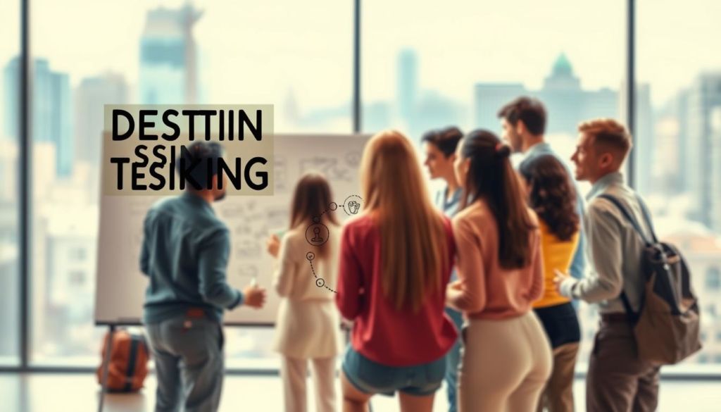 A vibrant, three-dimensional scene depicting the benefits of Design Thinking. In the foreground, a group of diverse individuals collaborate, brainstorming ideas on a large whiteboard. In the middle ground, visual metaphors symbolize the key advantages of the Design Thinking methodology: user-centricity, iterative experimentation, and multi-disciplinary teamwork. The background features a blurred cityscape, suggesting the real-world application and impact of this innovative problem-solving approach. The lighting is warm and inviting, creating a sense of productivity and creative energy. Captured with a wide-angle lens to convey the collaborative, holistic nature of Design Thinking.