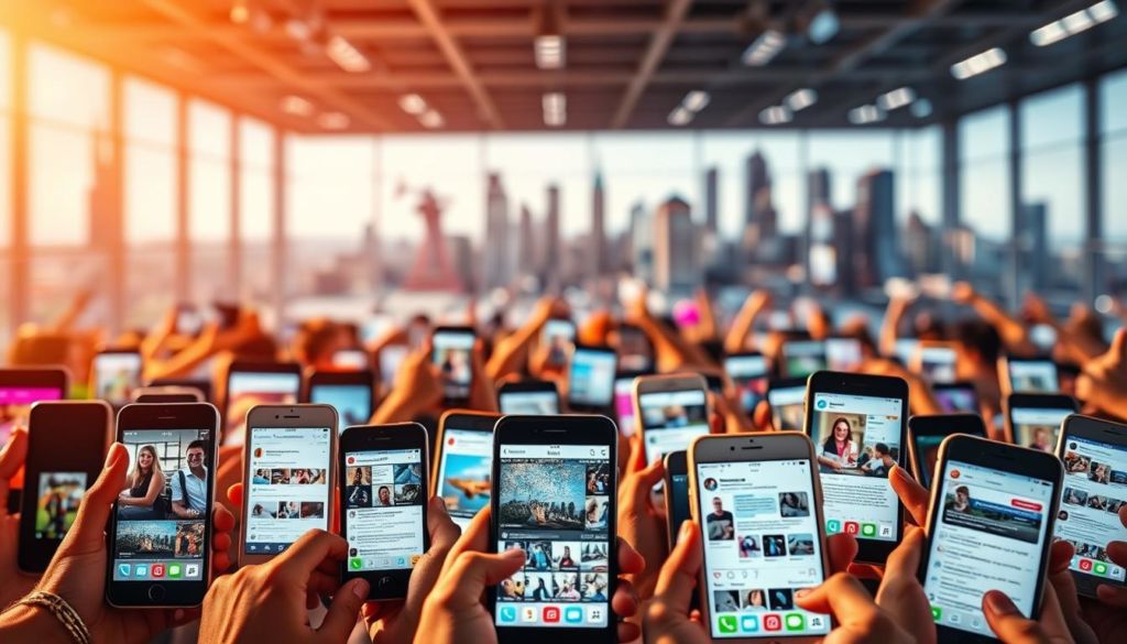 A vibrant, user-generated collage of social media content. In the foreground, a diverse array of smartphone screens display a variety of posts, stories, and interactions. Warm, natural lighting casts a welcoming glow, while the middle ground features a dynamic, interconnected network of digital platforms. In the background, a blurred, abstract cityscape sets the stage, representing the ubiquity of user-generated content across the modern, technology-driven landscape. The overall composition conveys a sense of community, creativity, and the power of individuals to shape digital experiences.