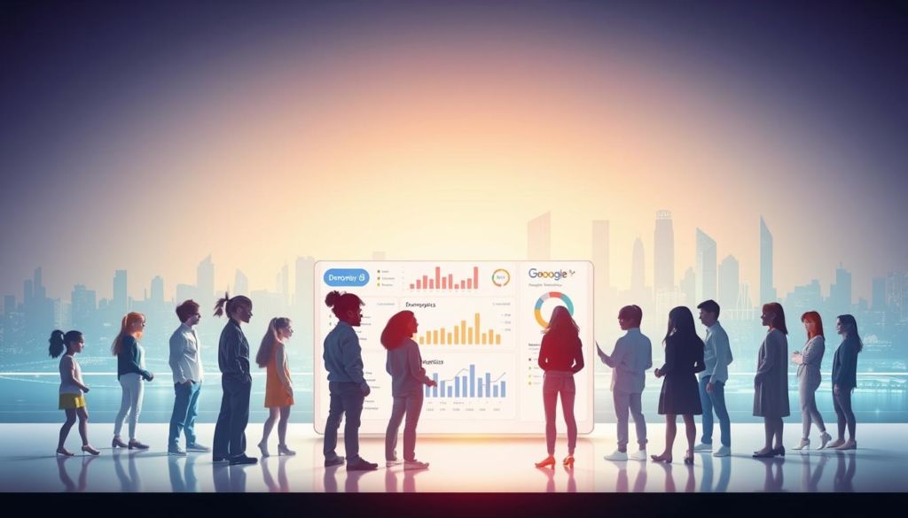 A vibrant visual representation of audience segmentation on the Google Discovery platform. The foreground depicts a diverse group of digital personas, each with distinct interests and behaviors, interacting with a sleek, minimalist Google Discovery interface. The middle ground showcases data visualization elements, such as demographic charts and behavioral analytics, providing insights into the targeted audience. The background features a serene, futuristic cityscape, symbolizing the broader digital landscape in which the Google Discovery platform operates. The lighting is soft and diffused, creating a sense of depth and dimensionality, while the camera angle is slightly elevated, offering a comprehensive view of the scene. The overall mood is one of sophistication, efficiency, and the power of data-driven audience targeting.