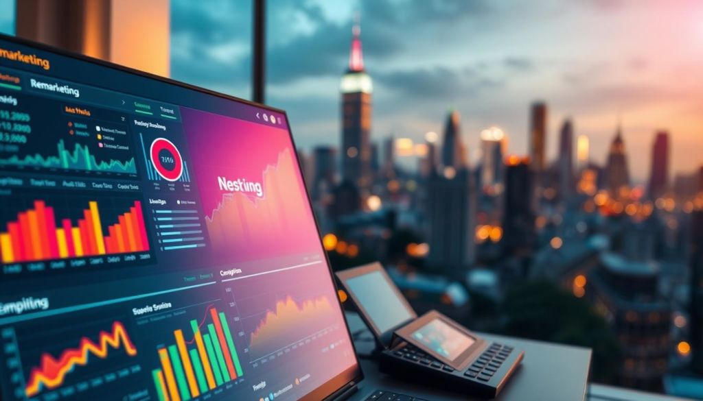 A vibrant visual representation of remarketing strategies, captured under a warm, diffused lighting. In the foreground, a digital marketing dashboard displays various remarketing metrics and campaign data, with colorful charts and graphs. In the middle ground, a group of interconnected digital devices, representing the multichannel nature of remarketing. In the background, a blurred cityscape, symbolizing the broad reach and scale of online advertising. The overall composition conveys a sense of strategic planning, data-driven decision-making, and the power of targeted, personalized marketing.