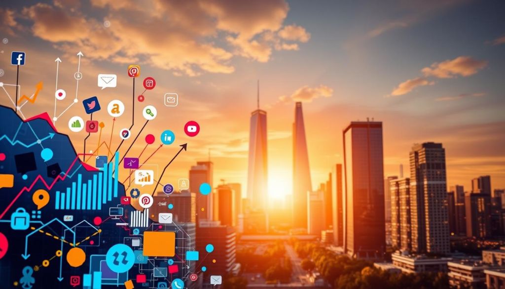 A vibrant visualization of the "Importance of Marketing Today", capturing the dynamic essence of the subject matter. In the foreground, a stylized abstract representation of various marketing elements - digital graphs, social media icons, and branding symbols - all intertwined in a captivating composition. The middle ground features a sleek, modern cityscape, highlighting the urban, technology-driven landscape in which contemporary marketing thrives. The background is bathed in warm, golden hues, conveying a sense of optimism, growth, and the transformative power of effective marketing strategies. Crisp, high-contrast lighting emphasizes the subject's importance, while a slightly dynamic, cinematic camera angle adds depth and visual interest to the scene.