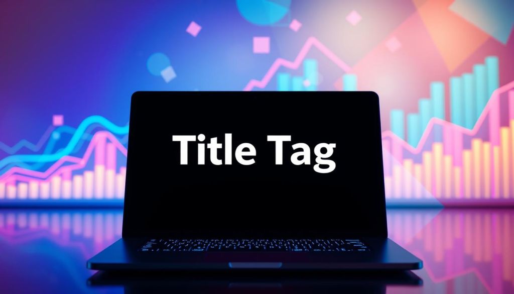A vibrant visualization of the dynamic relationship between title tags and click-through rate (CTR). A sleek laptop display commands the foreground, showcasing an impactful title tag against a colorful, data-driven backdrop. Geometric shapes and graphs representing search analytics flow seamlessly through the middle ground, creating a sense of interactivity and growth. The overall mood is one of digital sophistication, highlighting the importance of optimized title tags in driving organic traffic and higher CTR. Dramatic lighting and a stylized, minimalist composition lend an air of technological prowess to this informative visual asset.