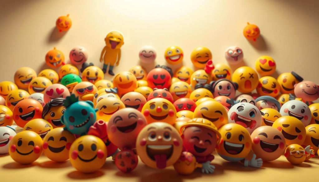A vibrant, visually-engaging illustration showcasing the effective use of emojis. In the foreground, a diverse set of emojis are arranged in a dynamic, organic composition, each expressing a distinct emotion or conveying a specific meaning. The middle ground features a clean, minimalist background, allowing the emojis to take center stage. Lighting is soft and diffused, creating a warm, inviting atmosphere. The camera angle is slightly elevated, providing an overview of the emoji arrangement. The overall mood is one of playfulness, creativity, and efficient communication, reflecting the section title "Dicas para Usar Emojis de Forma Eficiente".