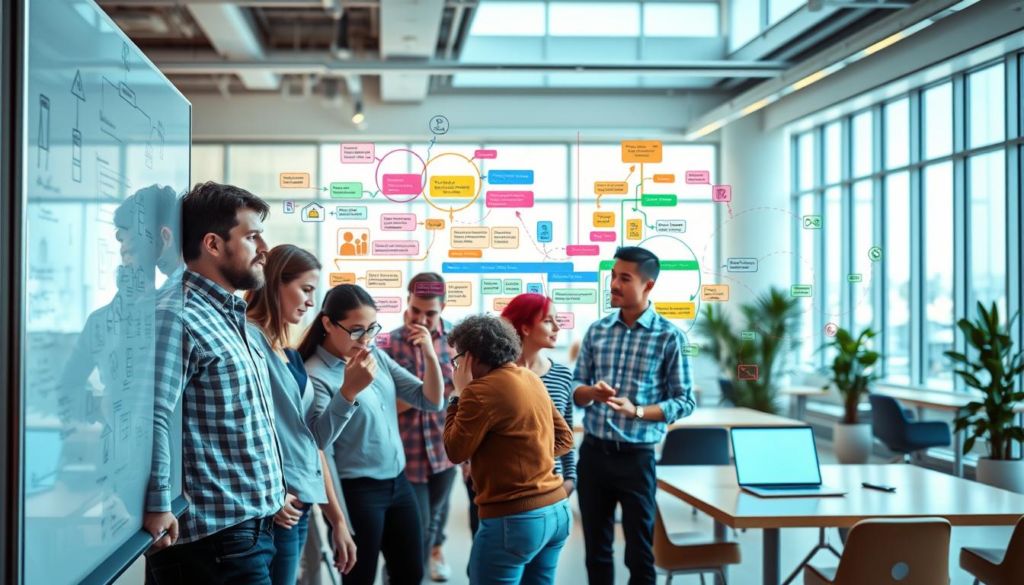 A vibrant, visually engaging scene depicting the core concepts of agile methodologies in marketing. In the foreground, a dynamic team of marketers collaborate on a digital whiteboard, their facial expressions animated as they brainstorm ideas. The middle ground reveals a tangle of colorful flowcharts, Kanban boards, and iterative feedback loops, symbolizing the adaptable, iterative nature of agile processes. In the background, a sleek, minimalist office setting with large windows allows natural light to pour in, creating a sense of openness and innovation. The overall mood is one of focused creativity, productive energy, and a commitment to continuous improvement.