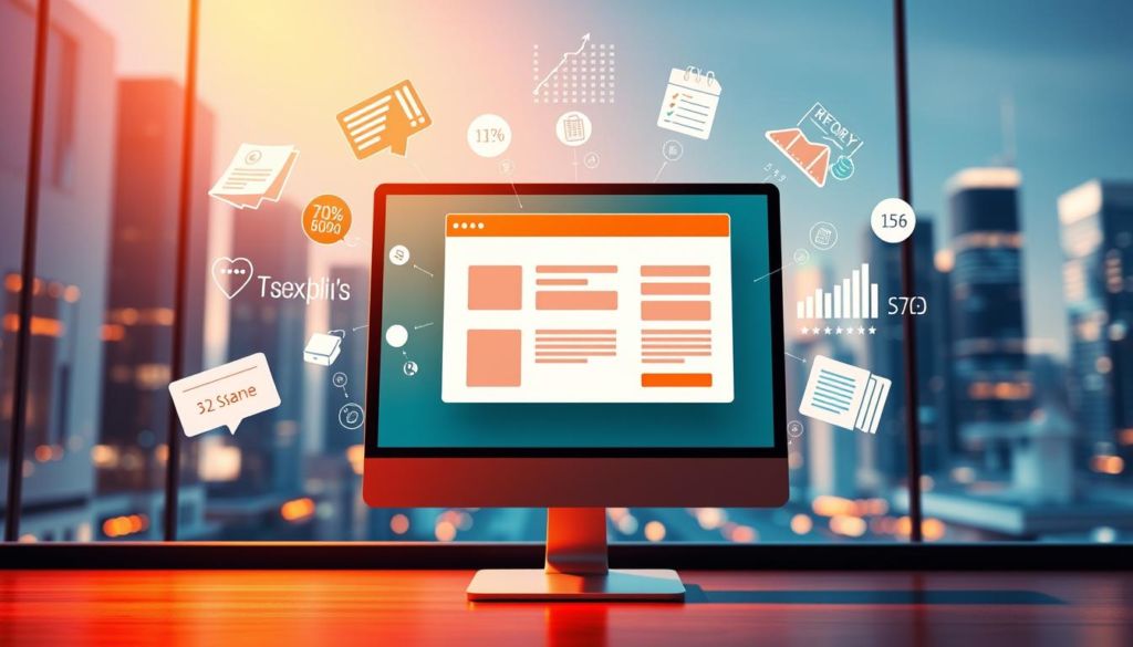 A vibrant, visually striking illustration depicting the benefits of using pop-ups on a website. In the foreground, a sleek, modern computer display showcases an interactive pop-up window, its design elements elegantly highlighting key features like calls-to-action, lead capture forms, and personalized offers. In the middle ground, various statistical graphics and infographic elements float around the central display, conveying the pop-up's measurable advantages in driving user engagement, conversion rates, and revenue growth. The background features a softly blurred cityscape, evoking a sense of a dynamic, technology-driven business landscape. The overall scene is illuminated by warm, directional lighting, creating a professional, polished aesthetic that underscores the utility and effectiveness of well-designed pop-ups.