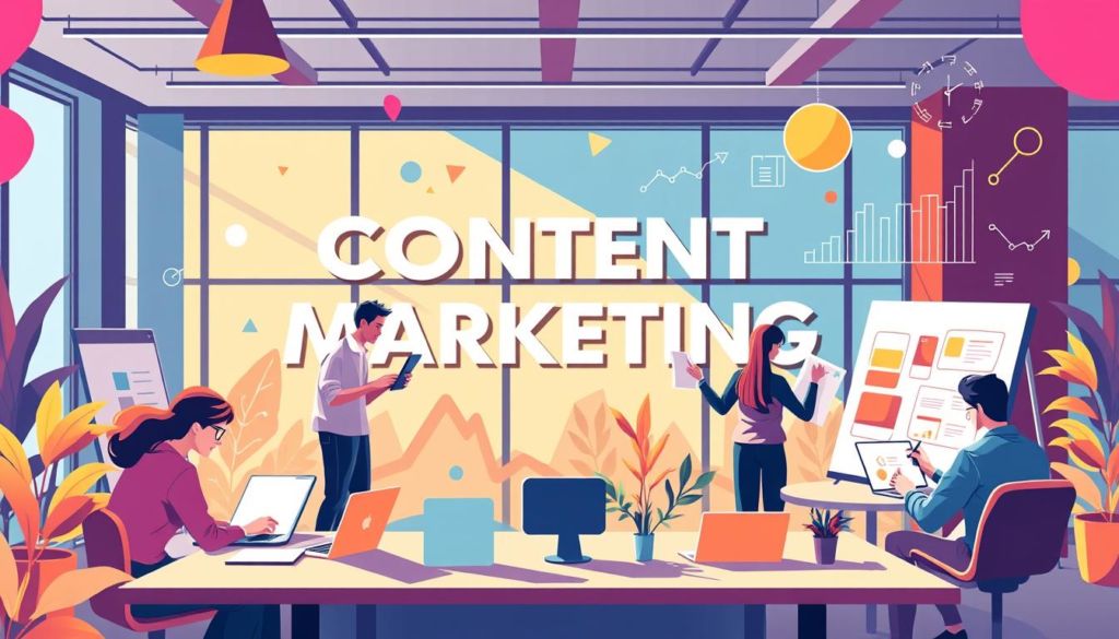 A vibrant, visually striking illustration of "content marketing" in a dynamic, professional setting. In the foreground, a team of creatives collaborating, brainstorming ideas, and crafting engaging content on laptops and whiteboards. The middle ground features a sleek, modern office environment with large windows, allowing natural light to pour in and create a warm, inviting atmosphere. In the background, abstract graphic elements and data visualizations allude to the analytical and strategic aspects of content marketing. The overall mood is one of productivity, innovation, and a sense of forward momentum, reflecting the key role of content marketing in the article's subject matter.