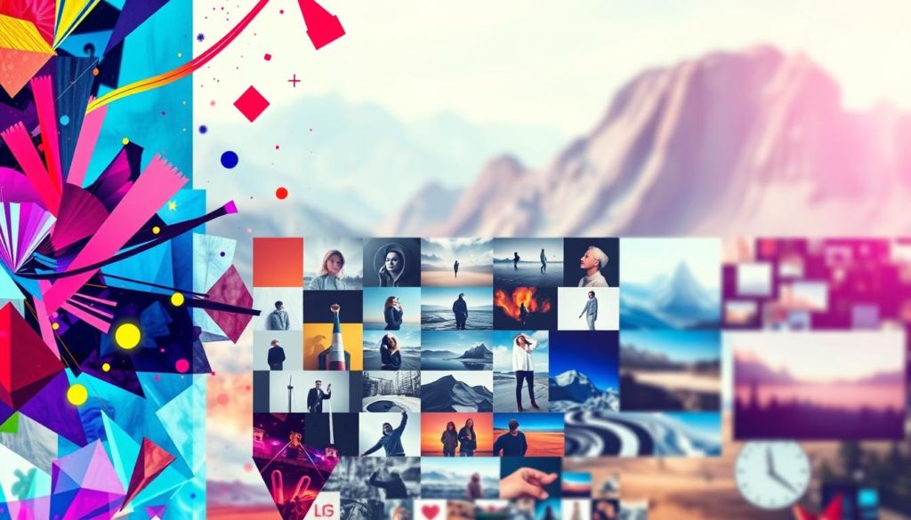 A vibrant, visually striking image depicting the latest trends in digital imagery. In the foreground, a dynamic, eye-catching montage of various visual elements: abstract geometric shapes, vivid colors, and dynamic textures. In the middle ground, a collage of captivating photographic snapshots showcasing diverse styles and techniques, from minimalist black-and-white to bold, saturated hues. In the background, a soft, ethereal landscape of blurred, dreamlike imagery, hinting at the boundless creative possibilities of the modern visual landscape. The overall composition should convey a sense of innovation, creativity, and the ever-evolving nature of visual media, captured through a cinematic, high-quality lens.
