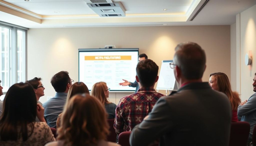 A vibrant, well-lit conference room with a warm, inviting atmosphere. In the foreground, a group of people engaged in a lively discussion, their expressions animated and attentive. In the middle ground, a facilitator stands, gesturing with hands and speaking enthusiastically, guiding the participants through an interactive exercise. The background features a whiteboard or projection screen, displaying helpful visuals and frameworks to support the session. The overall scene conveys a sense of collaboration, learning, and productive energy, capturing the essence of "Dicas para Facilitadores" in the context of an effective motivation workshop.