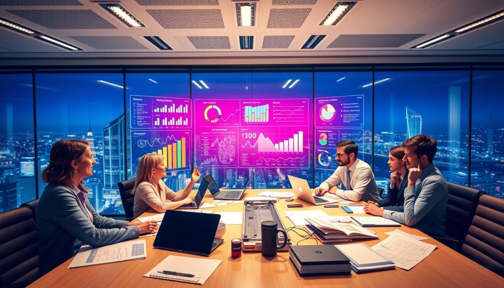 A vibrant, well-lit office scene showcasing successful business strategies in competitive intelligence. In the foreground, a group of professionals gathered around a table, engaged in an animated discussion, papers and laptops spread out before them. In the middle ground, a large digital display board highlights key performance indicators, market trends, and competitive analysis. The background features a panoramic view of a bustling city skyline, symbolizing the wider business landscape. Lighting is warm and inviting, emphasizing the collaborative atmosphere. The scene conveys a sense of momentum, innovation, and triumph in the field of competitive intelligence.