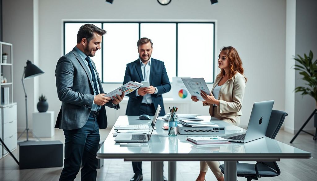 A vibrant, well-lit studio setting showcasing a coproductor and an infoproducts agency. In the foreground, a professional-looking coproductor, dressed in a smart, tailored outfit, is engaged in a lively discussion with an agency representative, both examining marketing materials and digital assets. The middle ground features a sleek, modern desk adorned with high-end office supplies, a laptop, and other technology, conveying an atmosphere of productivity and strategic collaboration. The background depicts a minimalist, airy space with large windows, allowing natural light to flood the scene and create a sense of openness and professionalism. The overall mood is one of focused, purpose-driven partnership, reflecting the analytical nature of the "Analisando o público-alvo" section.