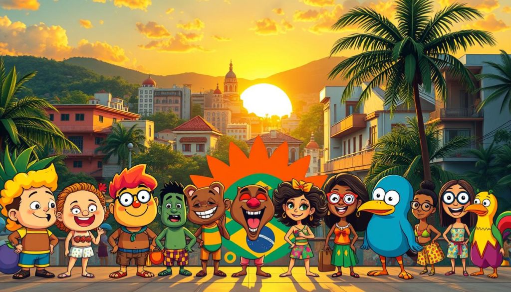 A vibrant, whimsical scene depicting various popular Brazilian meme themes. In the foreground, a group of colorful, expressive character illustrations representing iconic Brazilian internet memes, such as the "Coxinha," "Meme do Gato," and the "Mulher Melancia." The middle ground features a playful, dynamic composition with geometric patterns, bold colors, and playful shapes reminiscent of Brazilian street art and carnival aesthetics. The background is a lively, urban cityscape with distinctive Brazilian architecture, lush foliage, and a warm, golden sunset lighting the scene, creating an inviting, celebratory atmosphere. The overall composition conveys a sense of playfulness, cultural identity, and the vibrant, memetic nature of Brazilian internet culture.