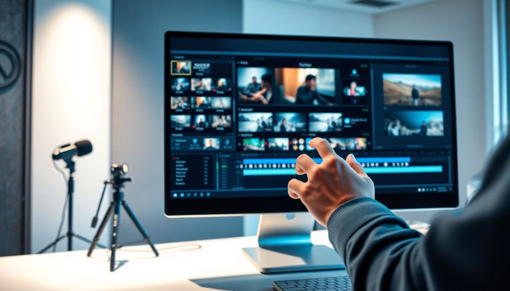 A video editing suite with a sleek, modern interface. In the foreground, a desktop computer with a large, high-resolution monitor displays a timeline of video clips, audio tracks, and visual effects. The user's hands deftly manipulate the cursor, seamlessly blending and trimming the footage. Soft, indirect lighting illuminates the scene, creating a focused and productive atmosphere. In the middle ground, a professional-grade camera and microphone stand ready, hinting at the high-quality source material. The background features a minimalist office space, with clean lines, neutral tones, and subtle technology accents, suggesting an efficient, streamlined video production workflow.