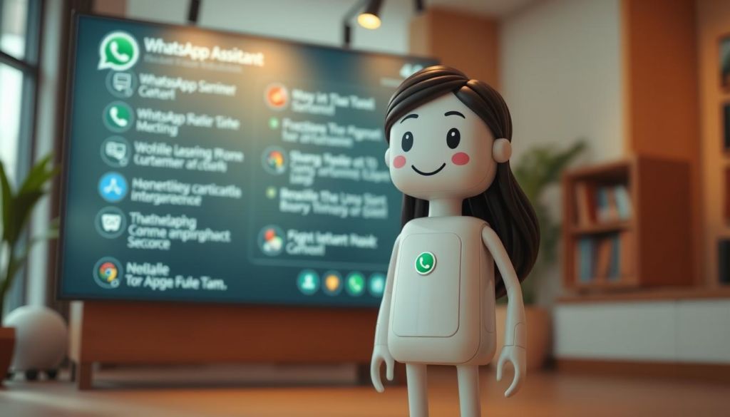 A virtual assistant using WhatsApp, with a friendly, approachable interface. The assistant stands in the foreground, surrounded by a warm, inviting atmosphere. Behind it, a smoothly scrolling display shows various features and functionalities, highlighting the assistant's capabilities. The lighting is soft and natural, creating a welcoming and helpful ambiance. The camera angle is slightly elevated, allowing the viewer to see the assistant's full form and the information it provides. The overall scene conveys the advantages of this virtual assistant, such as its intuitive design, seamless integration, and ability to enhance the customer experience.