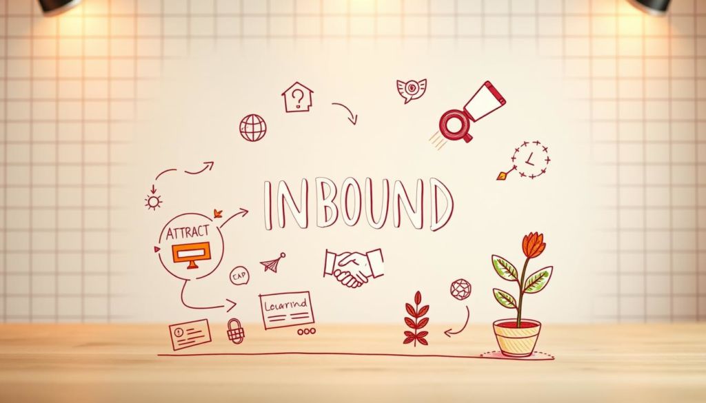 A visually captivating illustration of the key stages of inbound marketing, captured through a vibrant, hand-drawn aesthetic. In the foreground, a dynamic flow diagram depicts the core steps - Attract, Convert, Close, and Delight - represented by distinct icons and symbols. The middle ground showcases complementary visual metaphors, such as a magnifying glass to symbolize lead generation, a handshake for customer relationships, and a growing plant for nurturing leads. The background features a subtle, textured grid pattern that adds depth and a sense of organization, while warm lighting casts a welcoming, professional tone. The overall composition conveys the structured, yet creative nature of the inbound marketing methodology.