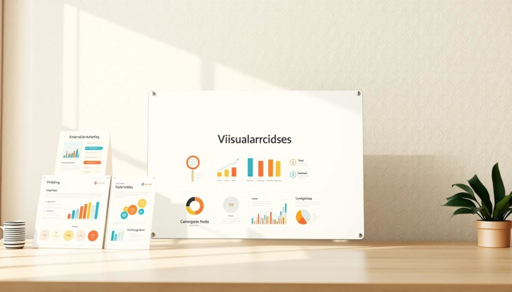 A visually compelling presentation of essential marketing elements. Foreground showcases a selection of relevant visual aids - infographics, diagrams, icons, and illustrations in a harmonious color palette. Midground depicts a minimalist, clean slide layout with strategic placement of these visual elements. Background features a soft, blurred backdrop with a faint grid pattern, evoking a sense of structure and organization. Lighting is natural, with a subtle warm glow illuminating the visual content. The overall mood is professional, informative, and visually engaging, perfectly suited to illustrate the "Elementos Visuais Relevantes" section of the marketing presentation article.