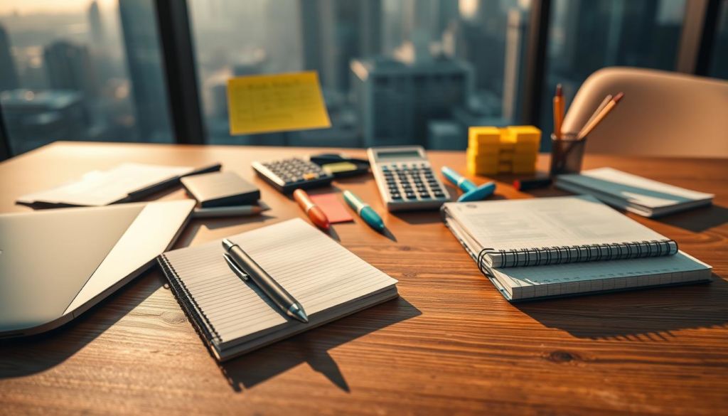 A visually striking arrangement of sales tools and resources on a sleek, modern office desk. In the foreground, a stylized laptop, pen, and notebook sit atop a wood-grain surface, casting soft shadows. In the middle ground, an array of organizational tools like a calculator, highlighter, and sticky notes create a structured yet dynamic composition. The background features a backdrop of blurred city skyline, hinting at the professional, urban setting. Warm, directional lighting casts a productive, focused atmosphere, complemented by a muted color palette of greys, blues, and browns. The overall impression conveys the practical, efficient tools of the modern sales professional.