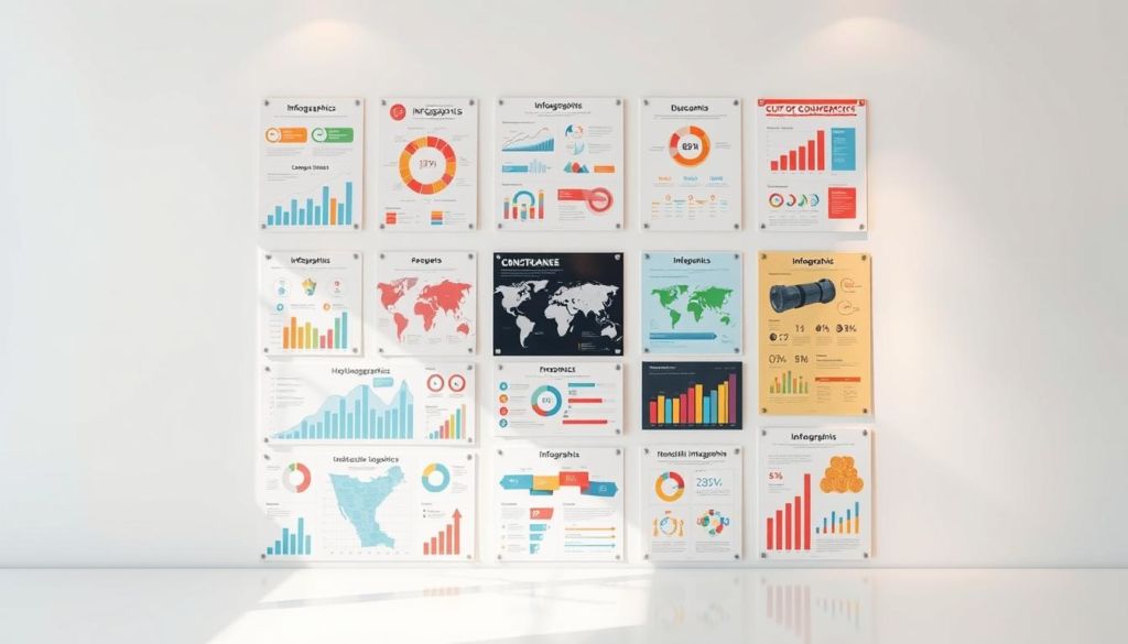 A visually striking collection of diverse infographic examples, displayed on a clean, minimalist backdrop. The infographics showcase a range of styles, from sleek data visualizations to vibrant, narrative-driven designs. Soft, directional lighting illuminates the crisp, high-quality illustrations, creating a sense of depth and dimensionality. The overall composition balances attention-grabbing visual elements with an elegant, professional aesthetic, inviting the viewer to closely examine the creative and informative qualities of each infographic sample. A serene, inspiring atmosphere that captures the essence of impactful data presentation.