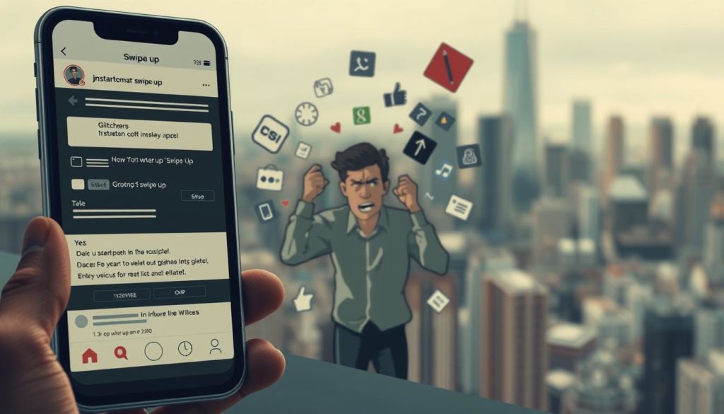 A visually striking digital illustration depicting common Instagram "swipe up" errors. In the foreground, a smartphone screen shows glitches, connection issues, and other UI problems that prevent the "swipe up" function from working properly. The middle ground features a frustrated user gesturing in annoyance, surrounded by icons and UI elements that further emphasize the technical difficulties. The background is a soft, out-of-focus cityscape, evoking the broader social media landscape. The overall mood is one of technological frustration, with a muted color palette and dramatic shadows to heighten the sense of technical problems. Shot with a wide-angle lens for an immersive, cinematic effect.