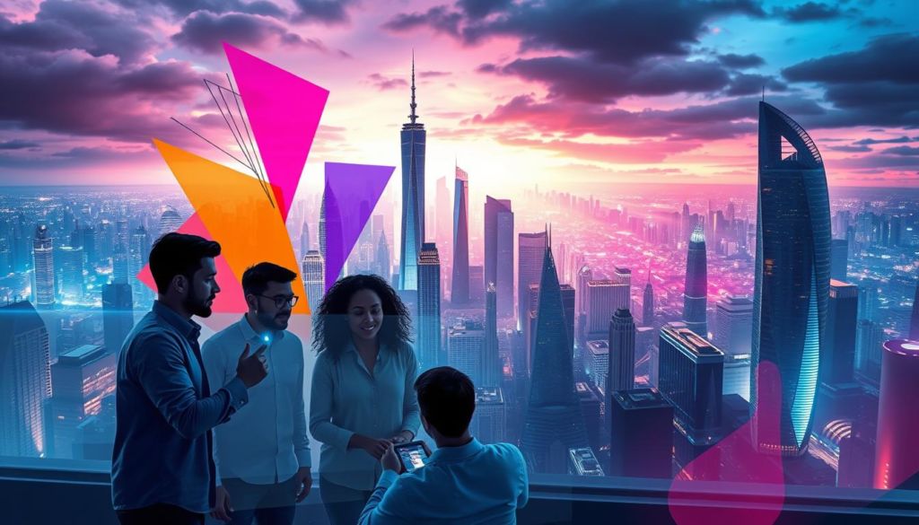 A visually striking illustration of "innovation in marketing" showcasing a dynamic, futuristic cityscape. In the foreground, a team of creatives collaborate on a digital whiteboard, their expressions focused and energetic. The middle ground features bold, abstract geometric shapes in vibrant hues, representing the cutting-edge technologies and strategies transforming the industry. The background is a panoramic view of a sleek, ultramodern metropolis, its towers and skyscrapers gleaming under dramatic, cinematic lighting. An atmosphere of innovation, collaboration, and technological progress permeates the scene, capturing the essence of the "Innovation and Creativity" section.