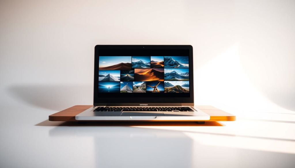 A visually stunning presentation featuring a sleek, modern laptop displaying a captivating slide show against a minimalist, white background. Warm, natural lighting illuminates the scene, creating a professional and polished atmosphere. The laptop's display showcases high-quality, high-resolution images that engage the viewer and convey a sense of visual excellence. The foreground is focused on the laptop, while the background is kept simple and uncluttered, allowing the presentation to take center stage. The overall composition exudes a sense of sophistication, creativity, and attention to detail, perfectly reflecting the "Imagens e Vídeos de Alta Qualidade" section of the article.