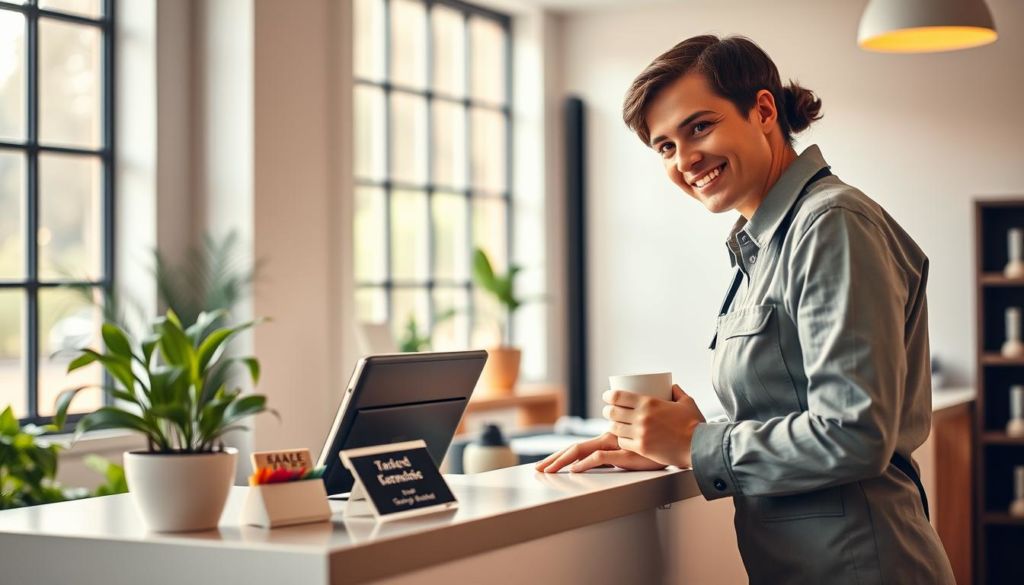 A warm and inviting customer service counter, bathed in soft, natural lighting from large windows. The desk is adorned with a personal touch - a small potted plant, a nameplate, and a cozy mug of coffee. The staff member, dressed in a crisp, friendly uniform, leans forward with a genuine smile, making eye contact and giving the customer their undivided attention. The atmosphere exudes approachability, professionalism, and a commitment to personalized care. The background features a clean, minimalist design, allowing the focus to remain on the human interaction. Overall, the scene conveys a sense of tailored, attentive service that puts the customer's needs first.