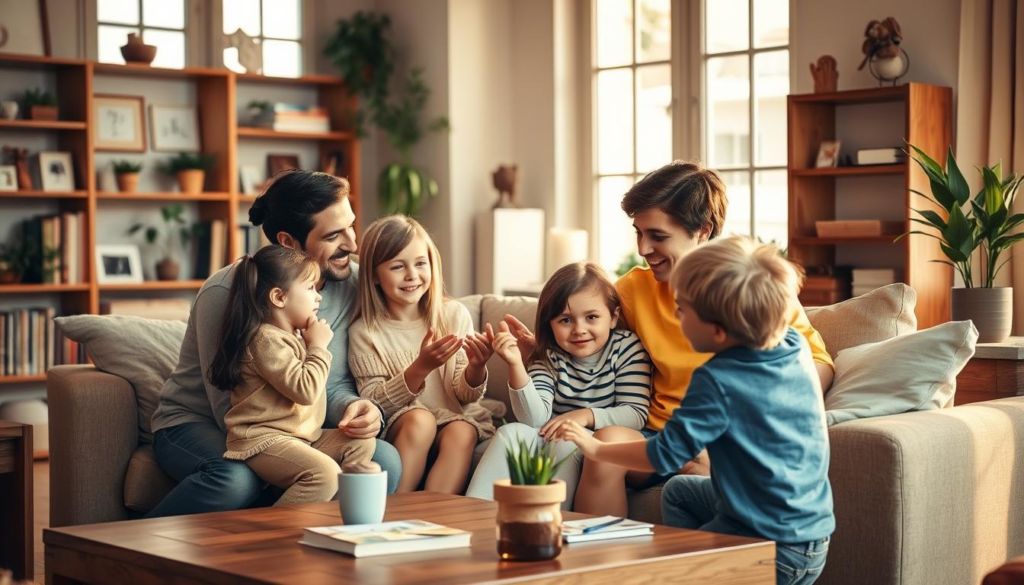 A warm and inviting family scene, set in a cozy living room. In the foreground, a family of four - parents and two children - gathered around a wooden coffee table, engaged in a thoughtful discussion. The parents' expressions are attentive and supportive, as they listen to the children's enthusiastic gestures. Soft, natural lighting filters through large windows, casting a golden glow on the scene. The background features bookshelves, indoor plants, and personal mementos, creating a sense of a nurturing, intellectual environment. The overall atmosphere conveys a feeling of trust, open communication, and a collaborative approach to planning the family's future.