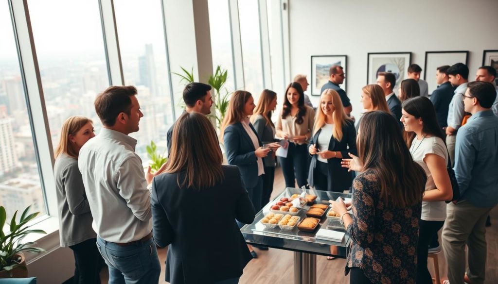 A warm and inviting networking event for psychologists, set in a modern, airy space with large windows overlooking a bustling city skyline. In the foreground, groups of psychologists engage in animated conversations, gesturing expressively. The middle ground features a buffet table with refreshments and a central seating area where colleagues exchange business cards and discuss referrals. The background is softly lit, with plants and artwork adding a touch of professionalism and sophistication. The overall atmosphere is one of collaboration, knowledge-sharing, and a sense of professional community.