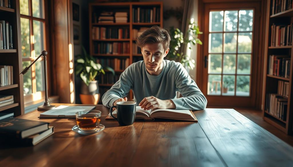 A warm, cozy study filled with soft natural light. On a wooden desk, a person is engaged in thoughtful self-reflection, carefully examining their own actions and decisions. The scene evokes a sense of introspection and personal growth, with subtle details like an open journal, a cup of tea, and a contemplative gaze. The background features bookshelves and a window overlooking a lush garden, creating a serene and nurturing environment for this transformative process. The overall mood is one of quiet focus, self-awareness, and a desire to cultivate a growth mindset.