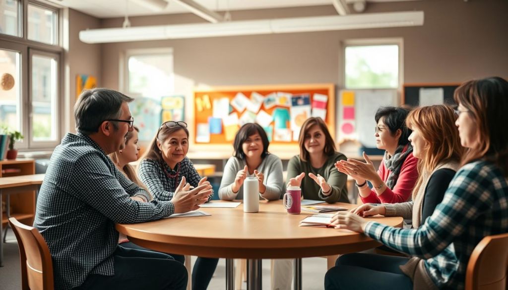 A warm, inviting classroom setting with a group of parents actively engaged in a discussion with teachers. The foreground features a round table where parents and teachers sit together, gesturing animatedly and exchanging ideas. Natural light streams in through large windows, creating a sense of openness and collaboration. In the middle ground, colorful student artwork adorns the walls, reflecting the vibrant learning environment. The background gently blurs, emphasizing the focal point of the parent-teacher interaction. The overall mood is one of partnership, with parents and educators working in harmony to support student success.