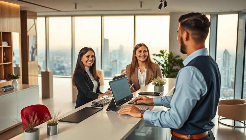 A warm, inviting customer service scene. The foreground features a smiling customer service representative assisting a customer at a sleek, modern service counter. The middle ground showcases an elegant, minimalist office space with tasteful decor and clean lines. The background depicts a panoramic city view through floor-to-ceiling windows, bathed in soft, natural lighting. The overall atmosphere conveys a sense of professionalism, efficiency, and a genuine desire to provide exceptional customer care, reflecting a positive, customer-centric business culture.