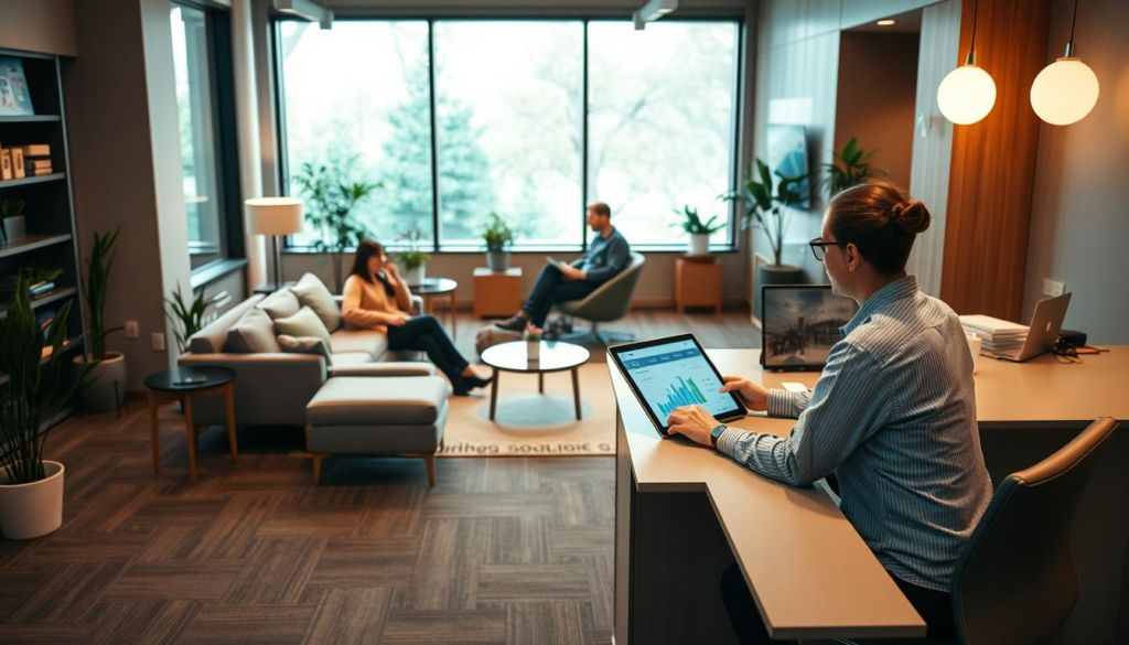 A warm, inviting office interior with a focus on customer interactions. In the foreground, a customer service representative sits at a modern, well-organized desk, engaging with a customer on a tablet display. The middle ground features comfortable seating and a small coffee table, creating an atmosphere of casual conversation and collaboration. The background showcases floor-to-ceiling windows, allowing natural light to flood the space and giving a sense of openness and transparency. Soft, indirect lighting sets a calming mood, and a minimalist, yet professional decor reflects the brand's commitment to customer satisfaction.