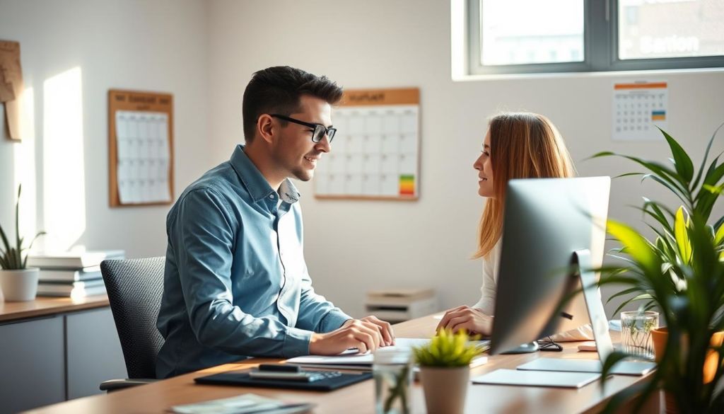 A warm, inviting office setting with a desk, computer, and a customer-service representative engaged in a thoughtful follow-up conversation with a client. Soft, natural lighting illuminates the scene, creating a sense of calm professionalism. The representative's posture is attentive, conveying a genuine concern for the customer's needs and satisfaction. In the background, a wall calendar and a few plants add a touch of organization and liveliness to the space. The overall atmosphere reflects the importance of effective post-sale engagement and the value of building long-term, loyal customer relationships.