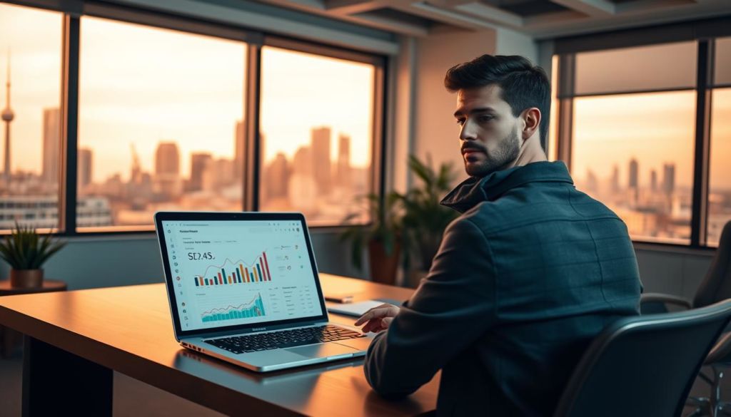 A warm-lit office space with a sleek, modern desk and a laptop displaying search engine optimization analytics for a small business. In the foreground, a thoughtful entrepreneur reviews web traffic data, while in the middle ground, a strategic marketing plan unfolds, showcasing the importance of a strong online presence. The background features a city skyline, symbolizing the global reach of digital marketing for micro-enterprises. The scene conveys a sense of focus, productivity, and the empowering potential of SEO for small businesses.