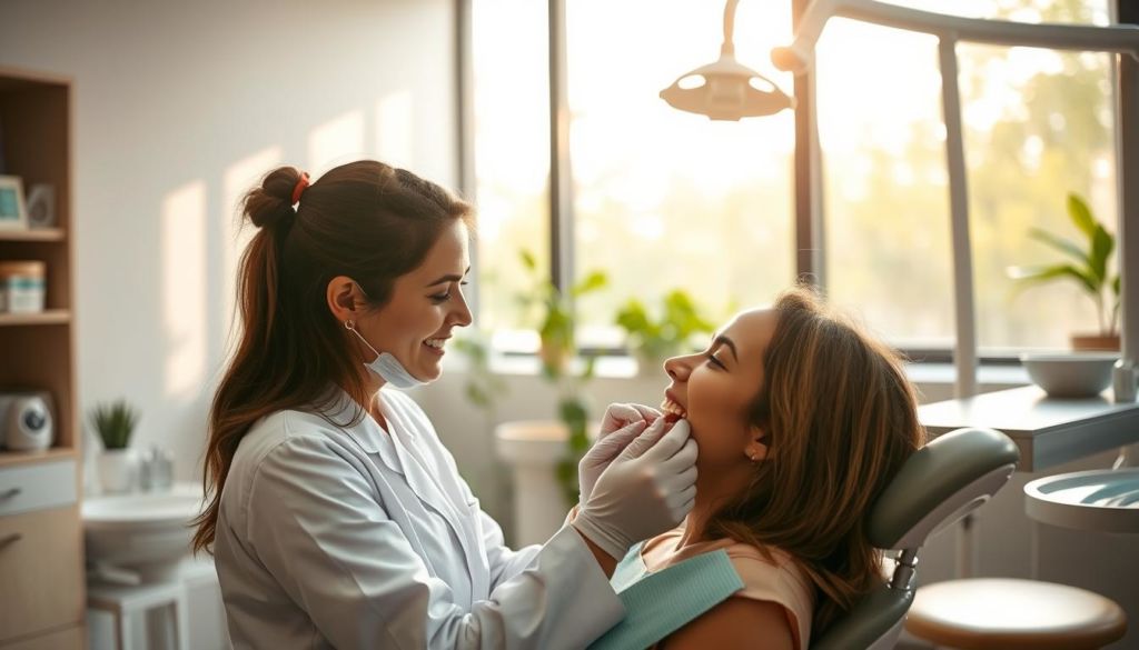 A warm, welcoming dental clinic with a compassionate dentist attentively examining a patient's teeth. Soft natural lighting filters through large windows, creating a serene, calming atmosphere. The dentist's gentle, reassuring demeanor puts the patient at ease, fostering a sense of trust and comfort. In the background, a modern, well-equipped dental operatory conveys professionalism and care. The scene captures the essence of "Atendimento Humanizado" - a patient-centric approach that prioritizes empathy, open communication, and the overall well-being of the individual.