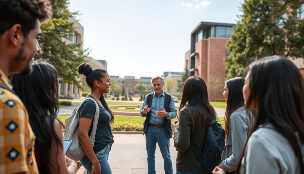 A warm, welcoming university campus setting. In the foreground, a group of diverse students engaged in friendly conversation, their body language conveying a sense of connection and rapport. In the middle ground, an instructor gesturing animatedly while interacting with a small group, creating an atmosphere of collaborative learning. The background features well-manicured lawns, modern buildings, and a clear, blue sky, suggesting an environment conducive to productive student-teacher relationships. Soft, natural lighting casts a gentle glow over the scene, enhancing the overall sense of positivity and engagement.