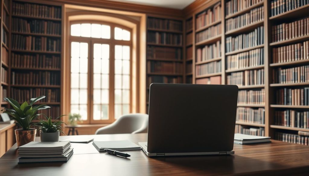 A warm, well-lit home office space with a large desk displaying an open laptop, a stack of documents, a pen, and a potted plant. In the background, floor-to-ceiling bookshelves filled with leather-bound volumes. A large window floods the room with natural light, creating a cozy, productive atmosphere. The overall scene conveys a sense of expertise, organization, and the curation of valuable information. The lighting is soft and diffused, creating depth and a sense of depth. The camera angle is slightly elevated, giving a sense of authority and confidence to the scene.