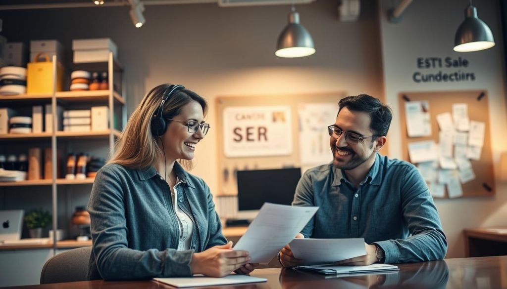 A warm, well-lit office interior with a customer service representative assisting a customer in reviewing and signing documents. The representative is attentively listening to the customer's concerns, while the customer appears satisfied and engaged. In the background, shelves filled with product samples and a bulletin board with customer feedback notes create a professional, customer-focused atmosphere. The lighting is soft and inviting, highlighting the collaborative nature of the interaction. The composition emphasizes the importance of post-sale customer support, with the figures positioned to convey a sense of trust and mutual understanding.