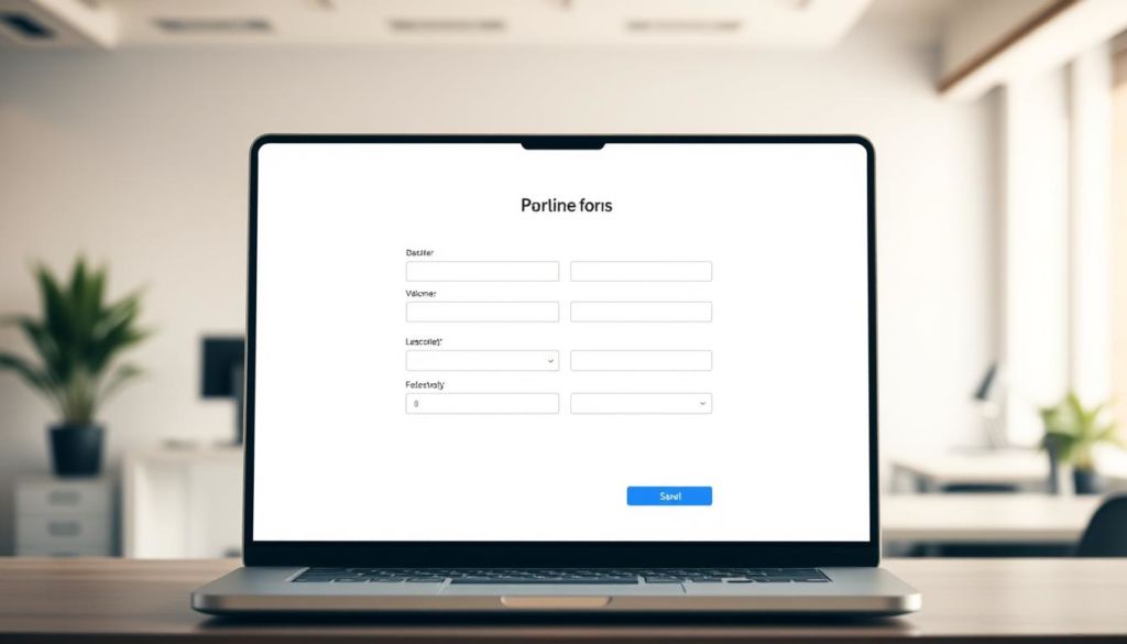 A well-designed online form being published on a sleek, modern website with a minimalist layout. The form is centered on the screen, showcasing clean lines, subtle shadows, and a soft, muted color palette. The background is a slightly blurred, neutral-toned image of an office workspace, creating a professional, corporate atmosphere. The form fields are easy to navigate, with clear labels and intuitive placement. Subtle animations and hover effects add a touch of interactivity, guiding the user's attention. Ambient lighting casts a warm, natural glow, enhancing the sense of simplicity and sophistication. The overall composition conveys the ease and efficiency of publishing an online form.