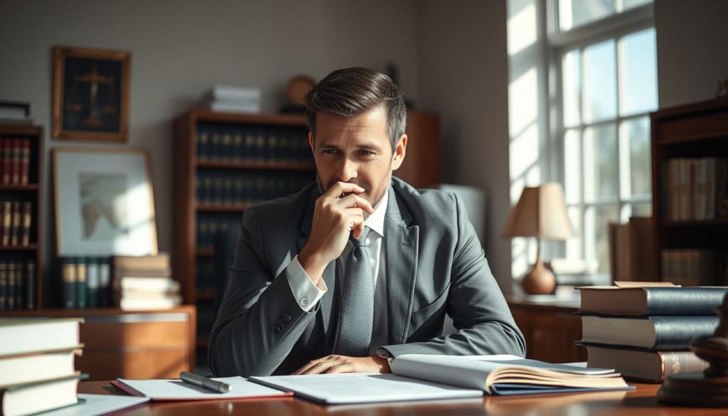 A well-dressed, professional-looking individual sitting at a desk, deep in thought, surrounded by law books and legal documents. The office is filled with natural light, creating a warm and inviting atmosphere. The subject's expression conveys a sense of expertise, diligence, and a genuine concern for their clients' wellbeing. The overall scene evokes an image of a trusted, knowledgeable, and ethical legal advisor, someone who is dedicated to providing exceptional legal services.