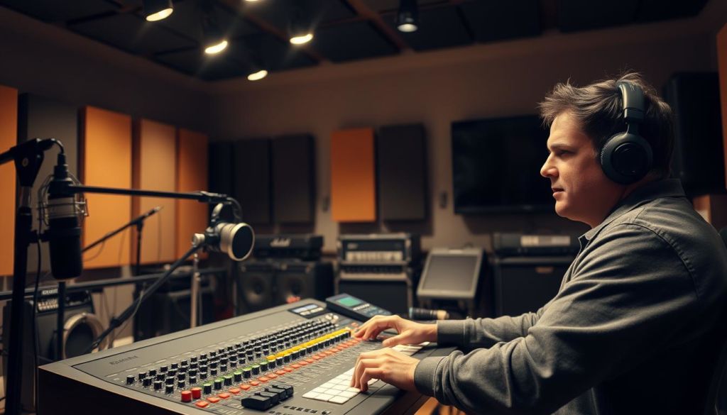 A well-equipped recording studio with professional-grade microphones, mixing console, and acoustic panels lining the walls. Soft, directional lighting from overhead fixtures casts a warm, focused glow on the set, creating an intimate and recording-friendly atmosphere. In the foreground, a skilled sound engineer sits at the mixing board, making precise adjustments with furrowed brow, their hands deftly manipulating knobs and sliders. In the background, various audio equipment like amplifiers, cables, and headphones are neatly arranged, conveying a sense of organization and attention to detail essential for high-quality audio production.