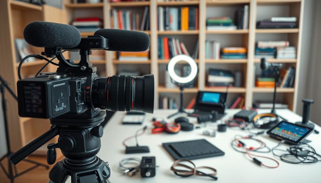 A well-lit, angled close-up shot of an assortment of professional video marketing tools. In the foreground, a high-quality video camera with a telephoto lens sits on a sturdy tripod. Surrounding it are various accessories like an external microphone, lighting equipment, and a tablet displaying video editing software. In the middle ground, a clean, minimalist desk holds additional tools like a ring light, a compact mixer, and a tangle of colorful cables. In the background, a soft-focus shelving unit displays a range of videography-related books and equipment. The overall mood is one of organization, productivity, and a passion for creating high-quality video content.
