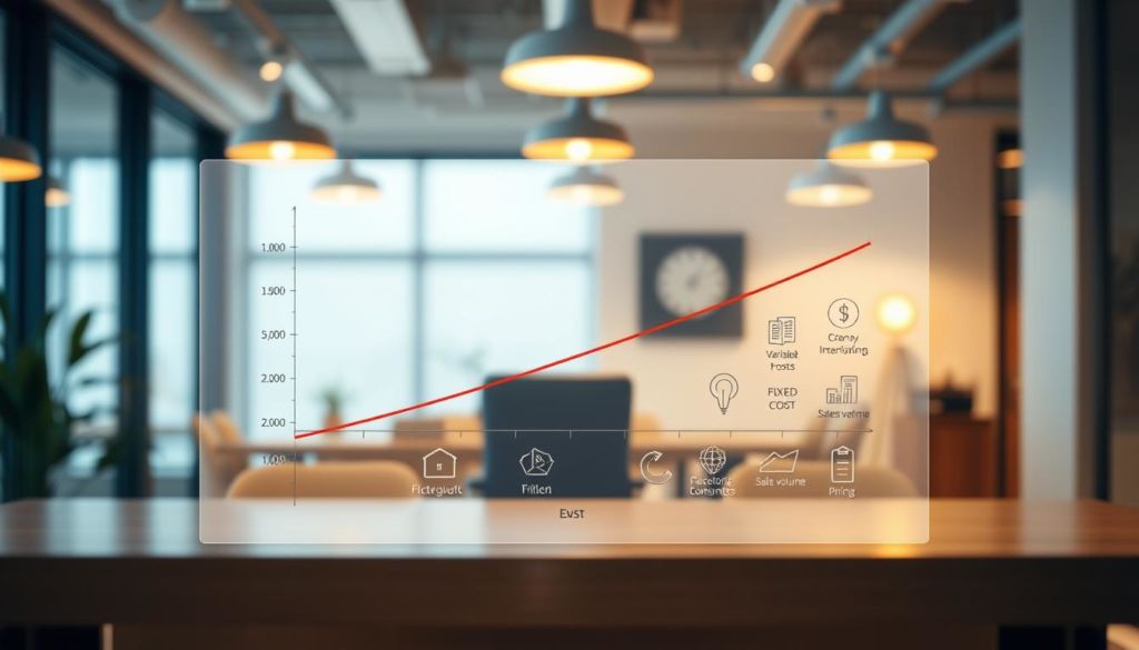 A well-lit business chart depicting the key factors influencing the break-even point of a company. In the foreground, a line graph shows revenue and cost curves intersecting at the break-even point. In the middle ground, icons and infographic elements illustrate factors such as fixed costs, variable costs, sales volume, and pricing. The background features a clean, modern office setting with minimalist decor, creating a professional and analytical atmosphere. The image is captured with a shallow depth of field, focusing attention on the central chart. Warm lighting from overhead fixtures casts a soft glow, highlighting the clarity and importance of the financial data visualization.