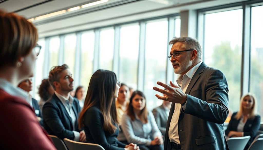A well-lit business presentation with a professional using storytelling techniques to captivate the audience. In the foreground, a confident speaker gestures animatedly, making eye contact with the crowd. The middle ground features an attentive audience, leaning forward with expressions of interest. In the background, a sleek, modern conference room with floor-to-ceiling windows, allowing natural light to pour in and create a warm, inviting atmosphere. The scene conveys a sense of engagement, persuasion, and the power of narrative to inspire and inform.