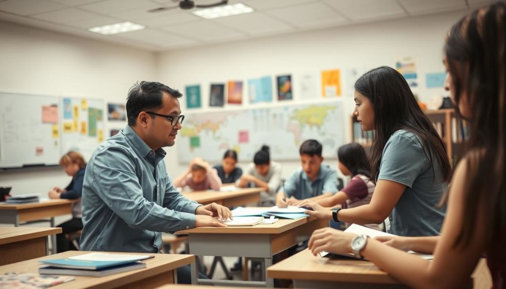 A well-lit classroom with students engaged in various learning activities. In the foreground, a professor attentively assists an individual student, guiding them through a task. The middle ground features several students collaborating at desks, deep in discussion. The background showcases an array of educational materials, whiteboards, and learning resources, creating a vibrant, intellectually stimulating atmosphere. Soft, warm lighting illuminates the scene, conveying a sense of nurturing, personalized attention. The overall composition captures the essence of a supportive, student-centric educational environment.